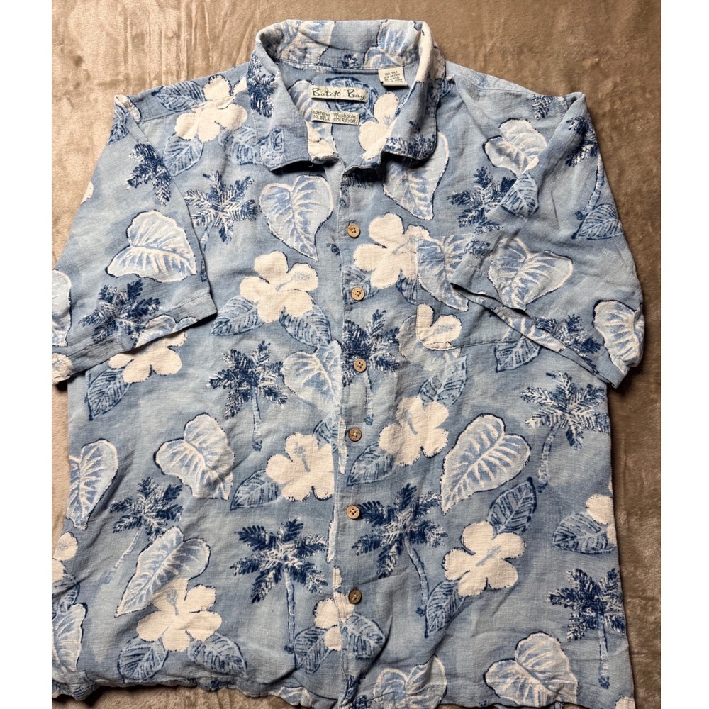 Vintage Batik Bay Mens Large Silk Tropical Hawaiian Button Up Shirt Summer Beach